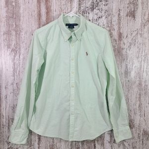 Women's Ralph Lauren Slim fit long sleeve button down shirt green stripes sz 14